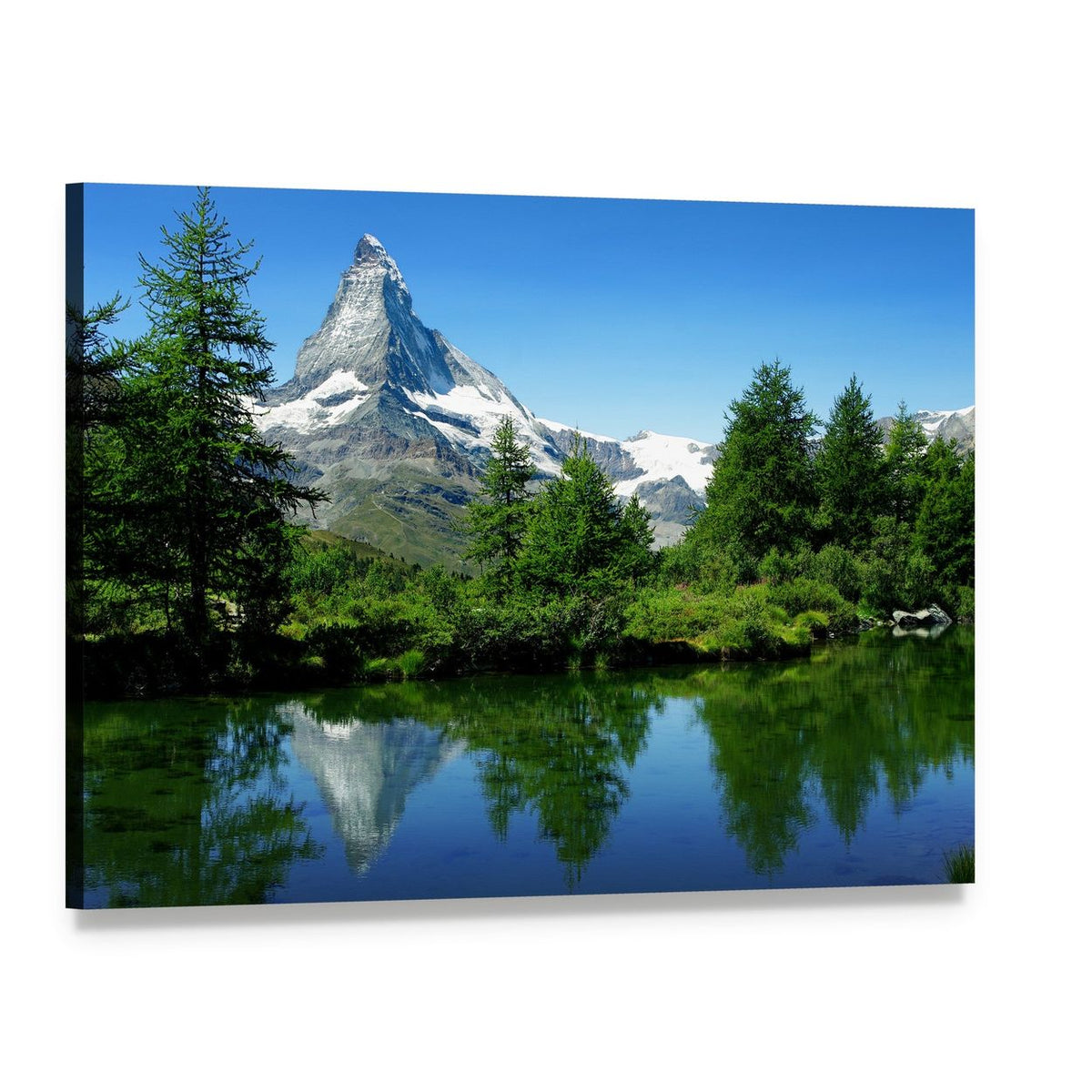 Matterhorn and Alpine Lake Reflection Canvas Wall Art, single panel gallery wrapped canvas, angled product view