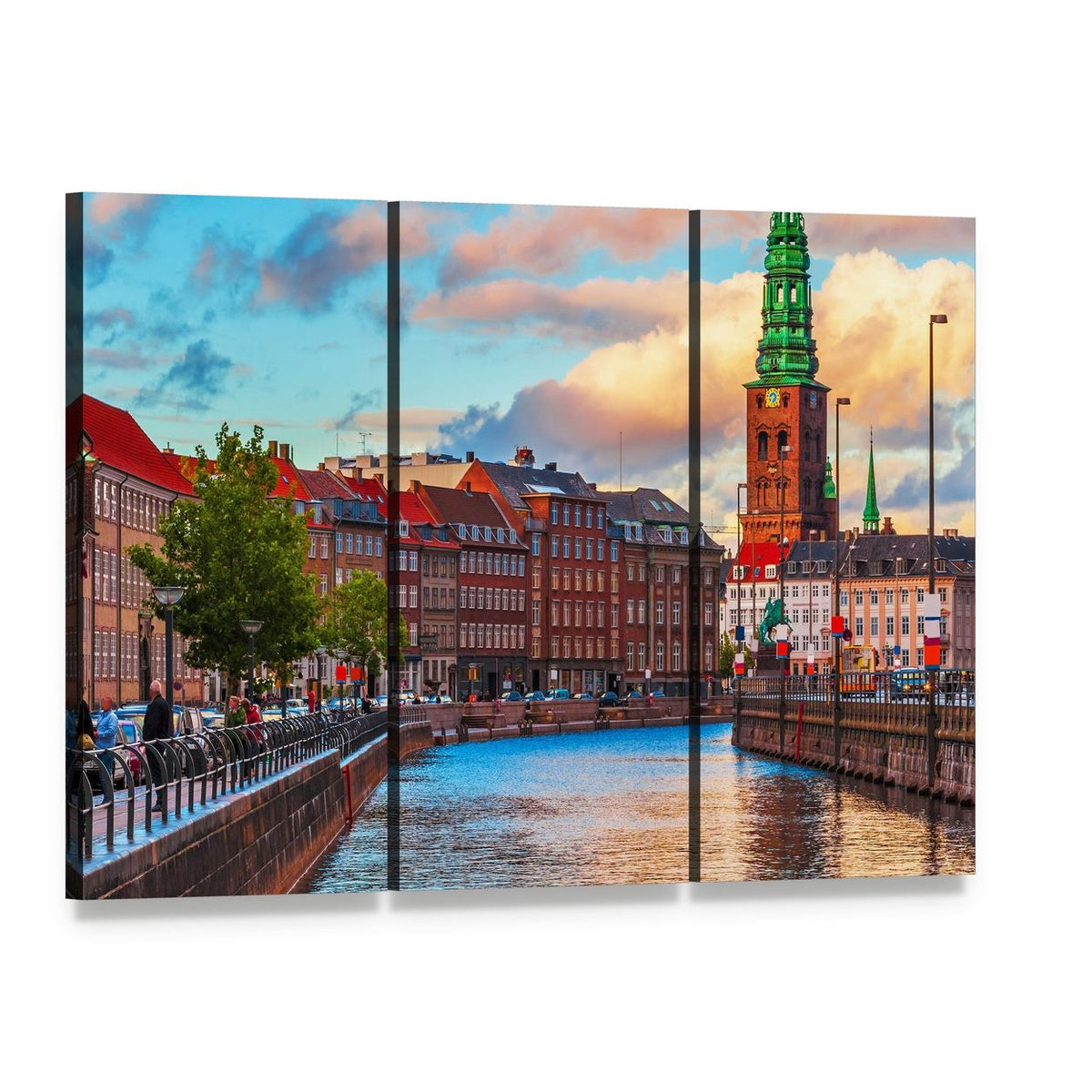 Summer Sunset Over Copenhagen Canal Canvas Wall Art, 3 panel 3 Horizontal layout gallery wrapped canvas set, angled product view