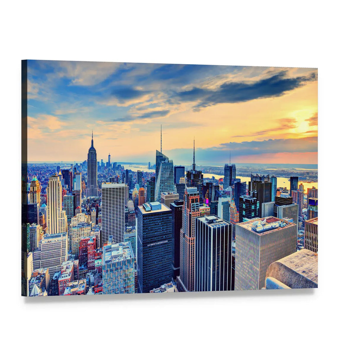 New York City Skyline at Dusk Canvas Wall Art, single panel gallery wrapped canvas, angled product view