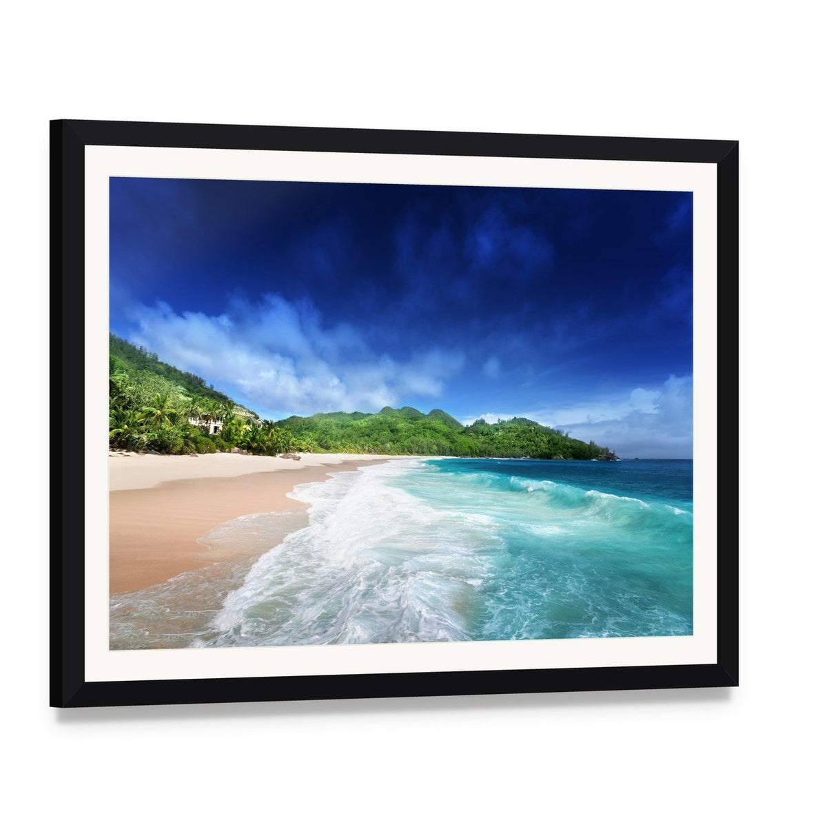 Beach at Mahe Island Seychelles Canvas Wall Art, framed print with white mat and black frame, angled product view