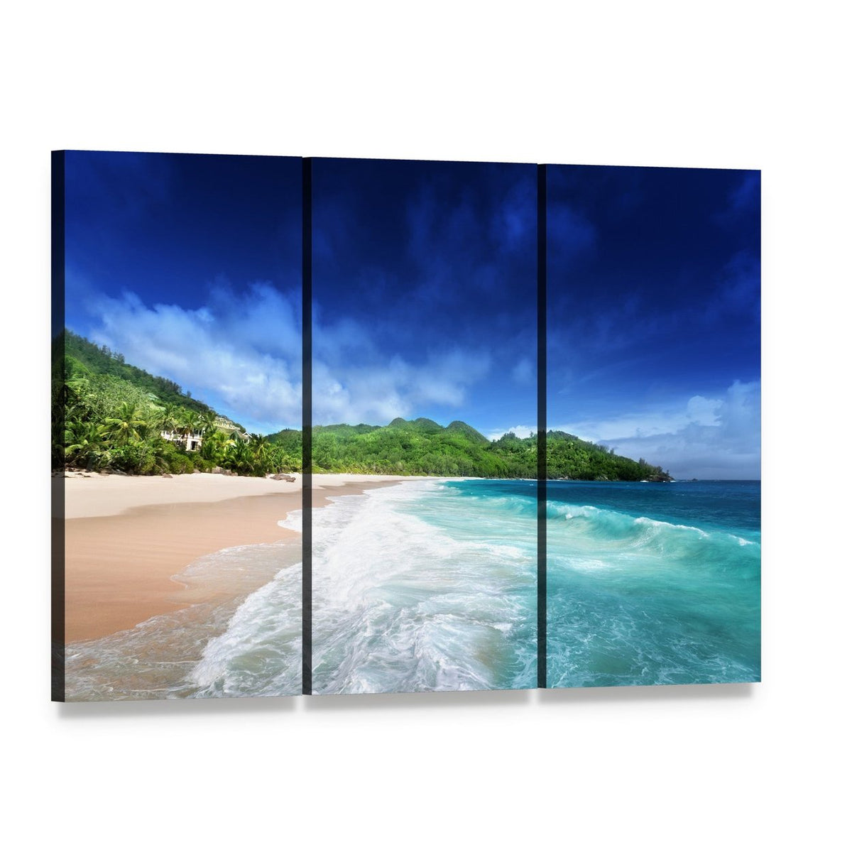 Beach at Mahe Island Seychelles Canvas Wall Art, 3 panel 3 Horizontal layout gallery wrapped canvas set, angled product view