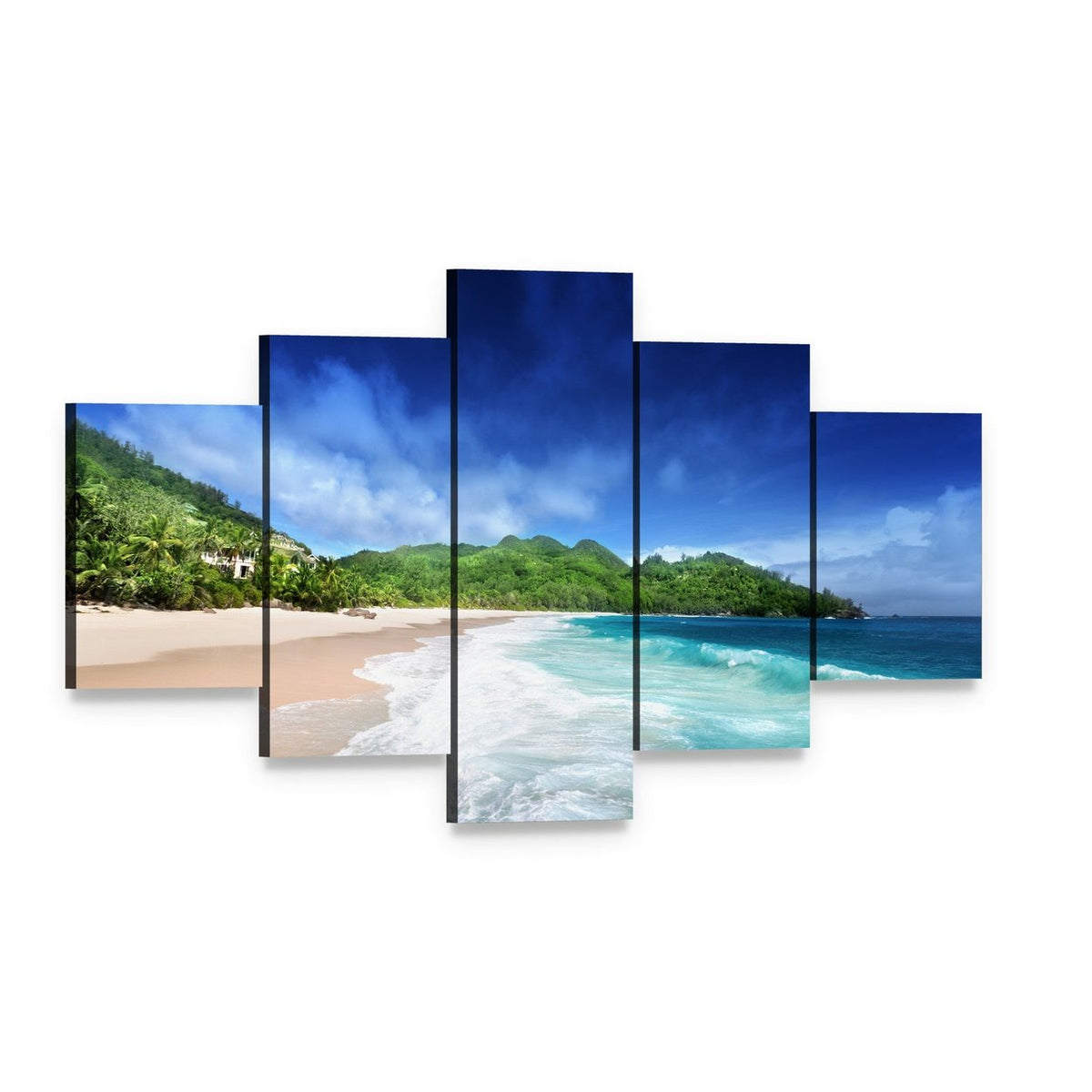 Beach at Mahe Island Seychelles Canvas Wall Art, 5 panel 5 Star layout gallery wrapped canvas set, angled product view