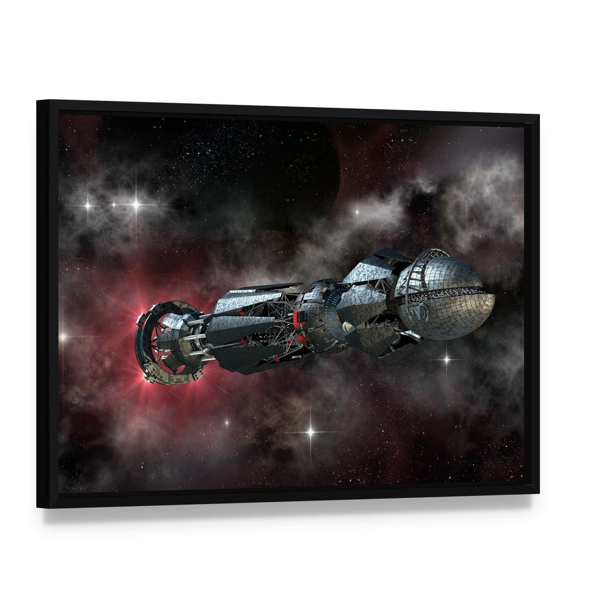 Spaceship in Interstellar Travel Canvas Wall Art, framed canvas in a black floater frame, angled product view