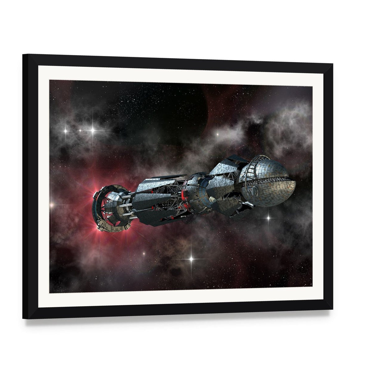 Spaceship in Interstellar Travel Canvas Wall Art, framed print with white mat and black frame, angled product view