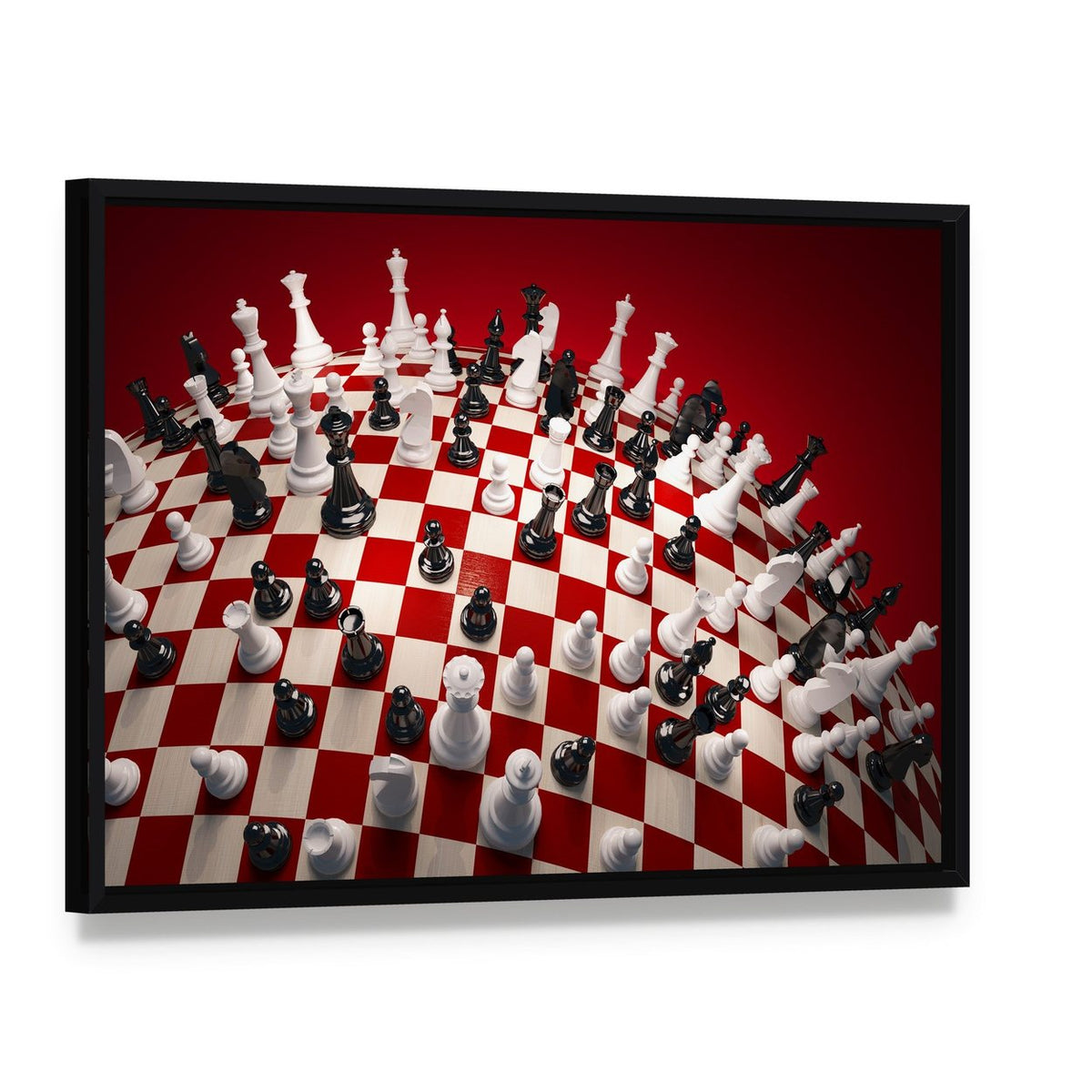 White & Black Chess Canvas Wall Art, framed canvas in a black floater frame, angled product view