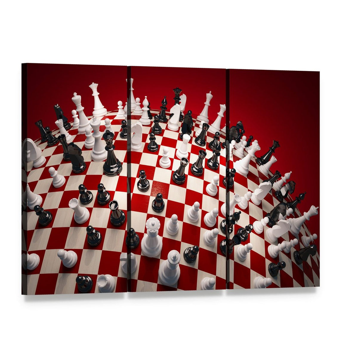 White & Black Chess Canvas Wall Art, 3 panel 3 Horizontal layout gallery wrapped canvas set, angled product view
