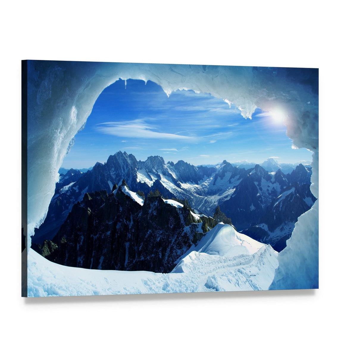 Ice Cave with Sunlit Mountains Canvas Wall Art, single panel gallery wrapped canvas, angled product view