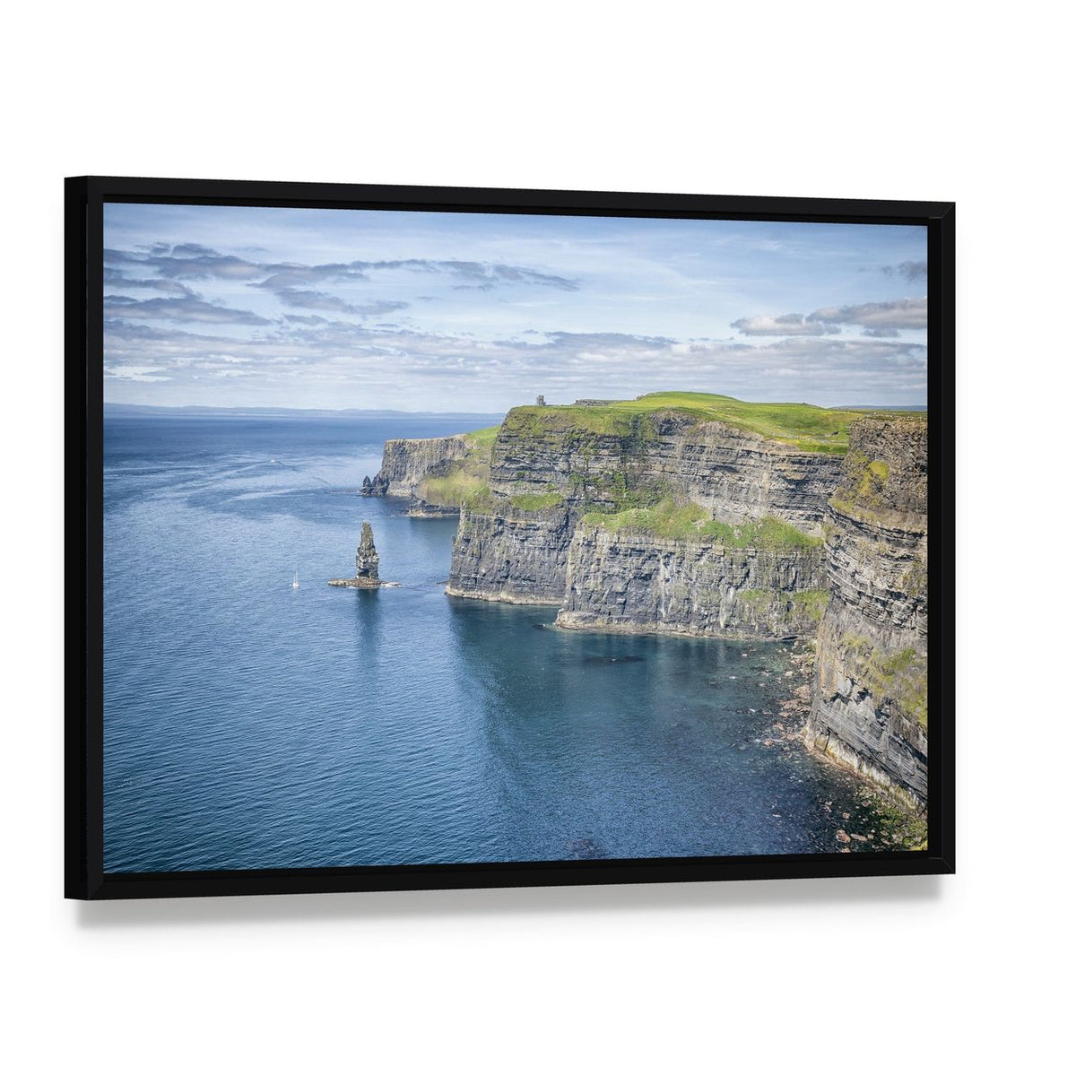 Cliffs of Moher Over the Ocean Canvas Wall Art, framed canvas in a black floater frame, angled product view