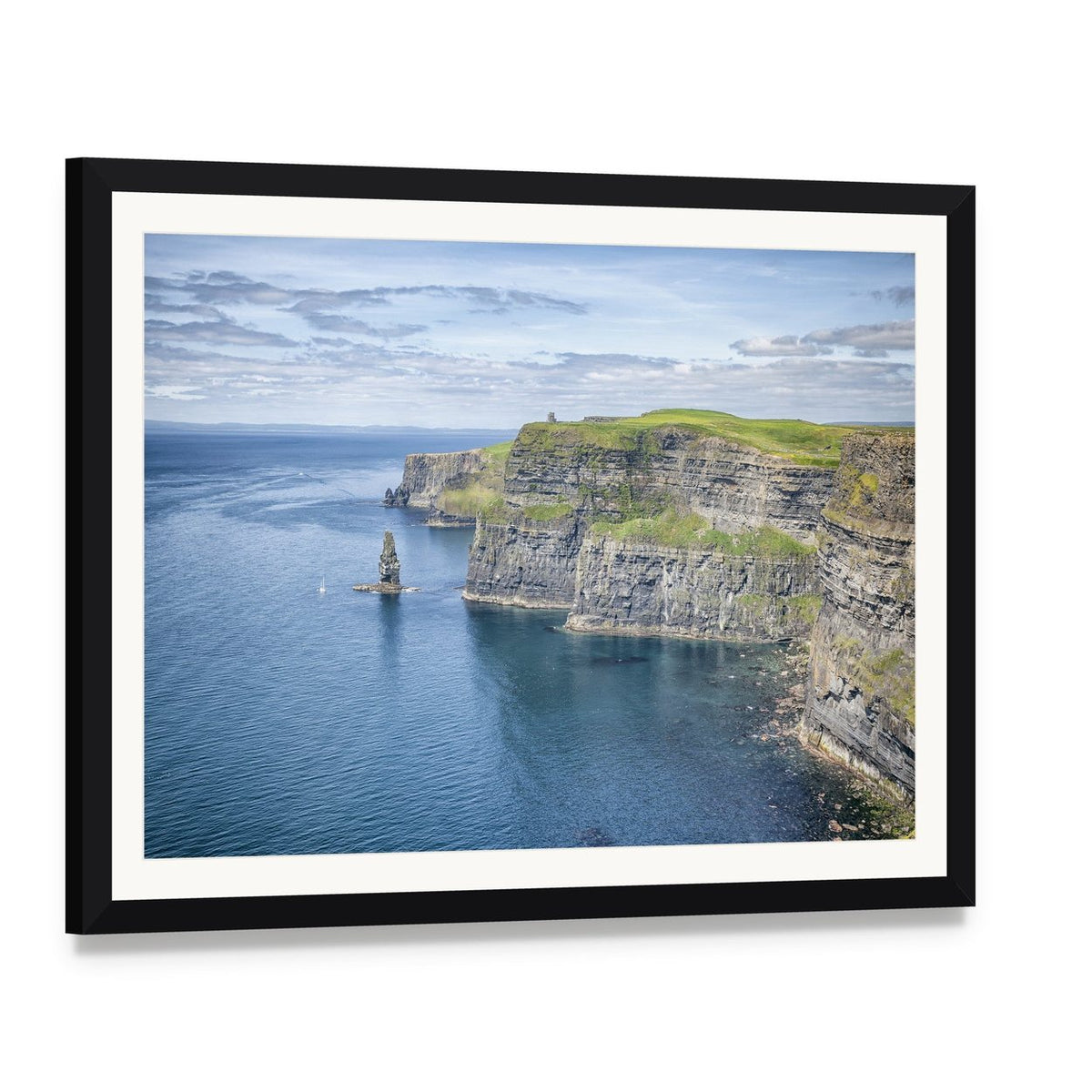 Cliffs of Moher Over the Ocean Canvas Wall Art, framed print with white mat and black frame, angled product view
