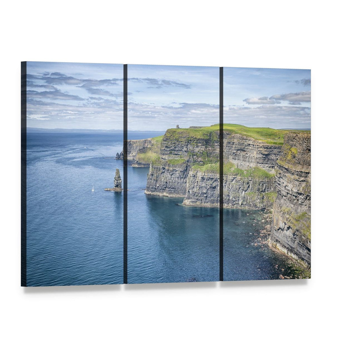 Cliffs of Moher Over the Ocean Canvas Wall Art, 3 panel 3 Horizontal layout gallery wrapped canvas set, angled product view