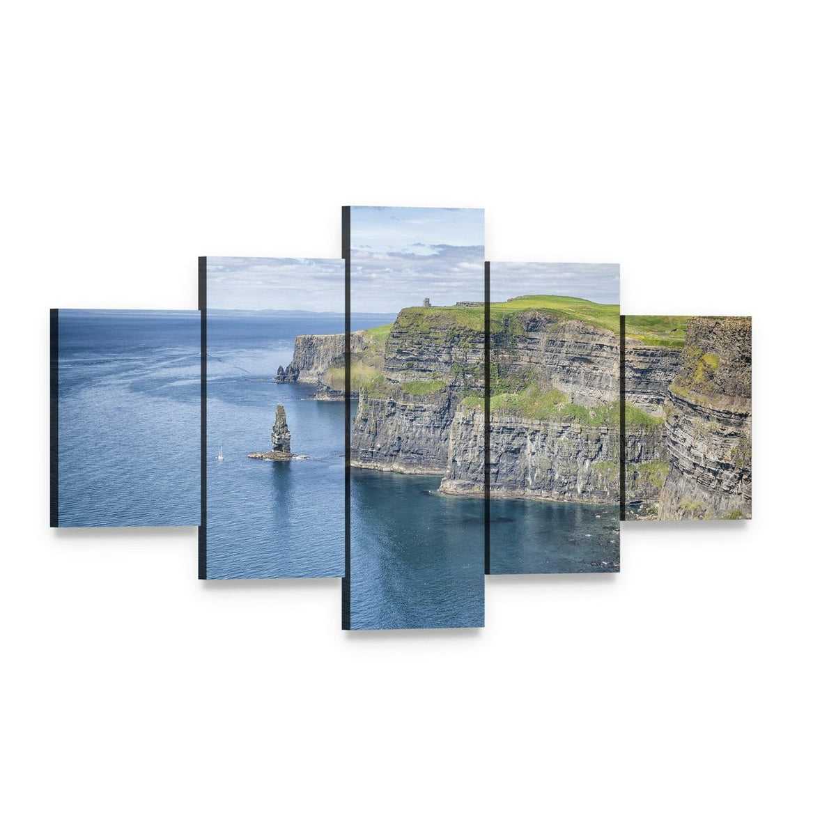 Cliffs of Moher Over the Ocean Canvas Wall Art, 5 panel 5 Star layout gallery wrapped canvas set, angled product view