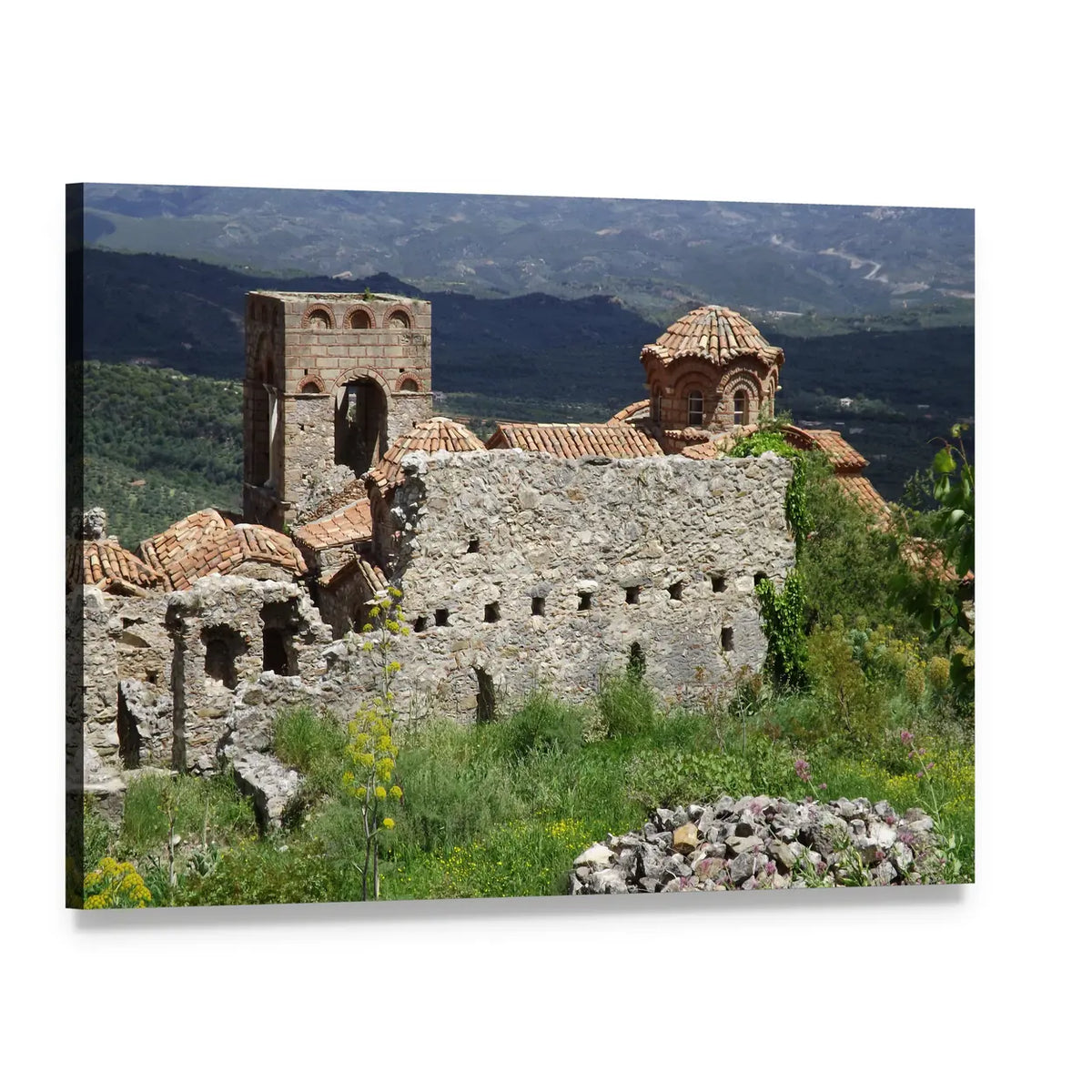 Mystras Church Ruins Canvas Wall Art, single panel gallery wrapped canvas, angled product view