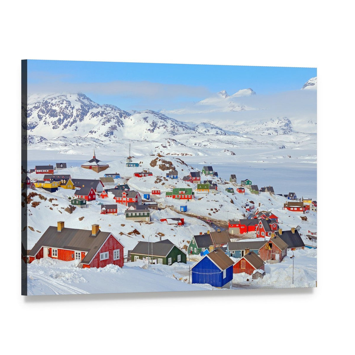 Colorful Houses in Greenland Canvas Wall Art, single panel gallery wrapped canvas, angled product view