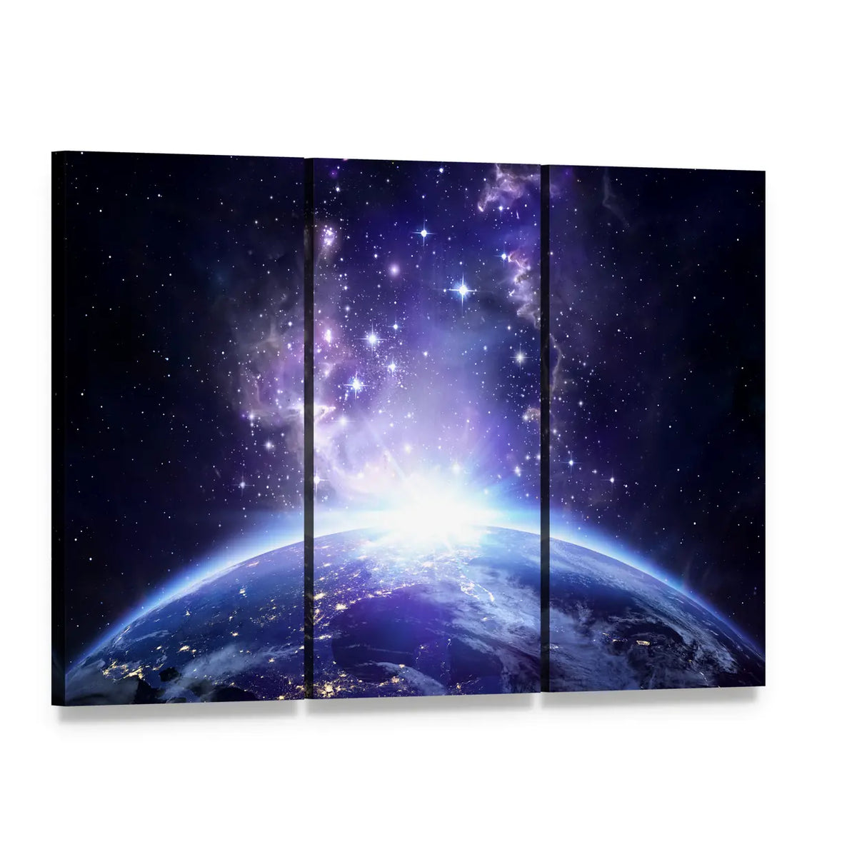 Glowing Lights on Planet Earth Canvas Wall Art, 3 panel 3 Horizontal layout gallery wrapped canvas set, angled product view