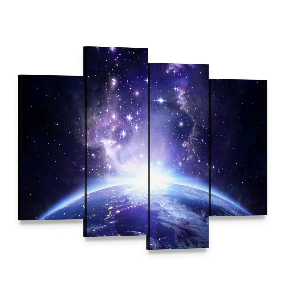 Glowing Lights on Planet Earth Canvas Wall Art, 4 panel 4 Pop layout gallery wrapped canvas set, angled product view