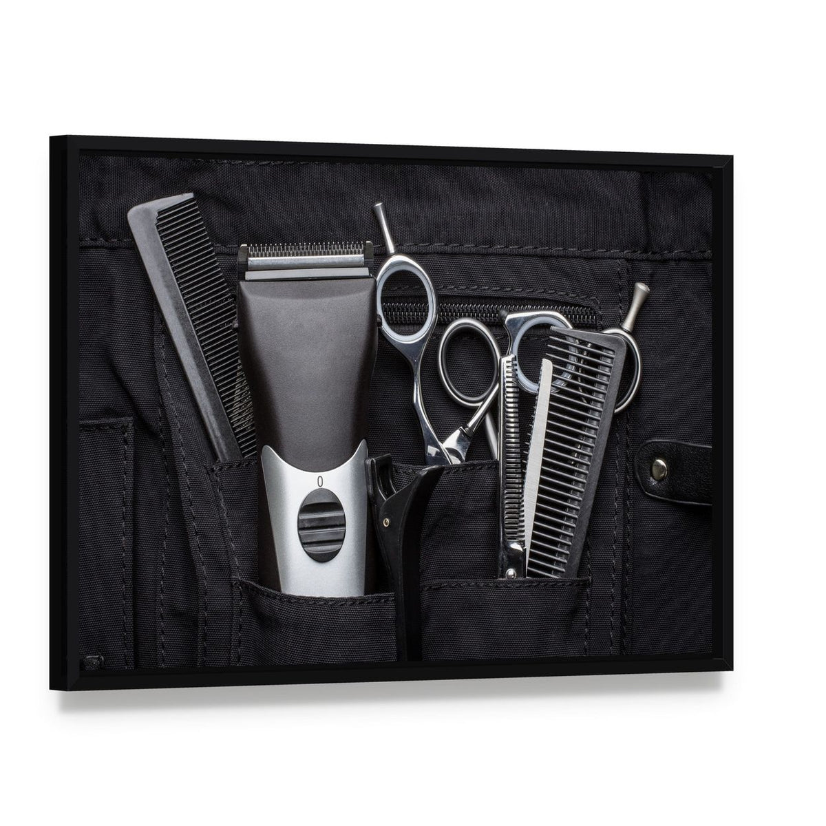 Professional Hairdressing Tools Close-up Canvas Wall Art, framed canvas in a black floater frame, angled product view