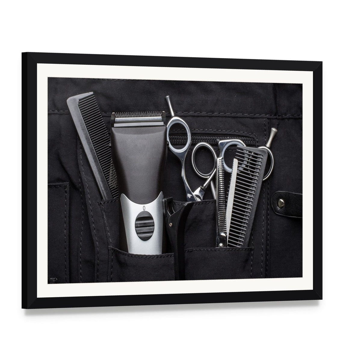 Professional Hairdressing Tools Close-up Canvas Wall Art, framed print with white mat and black frame, angled product view
