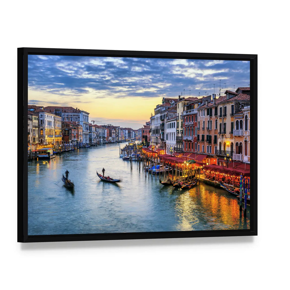 Grand Canal Venice at Sunset Canvas Wall Art, framed canvas in a black floater frame, angled product view