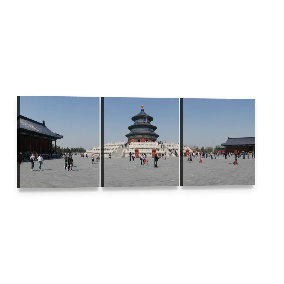 Temple of Heaven Pagoda with Blue Roof Panoramic Canvas Wall Art, 3 panel 3 Piece layout gallery wrapped canvas set, angled product view