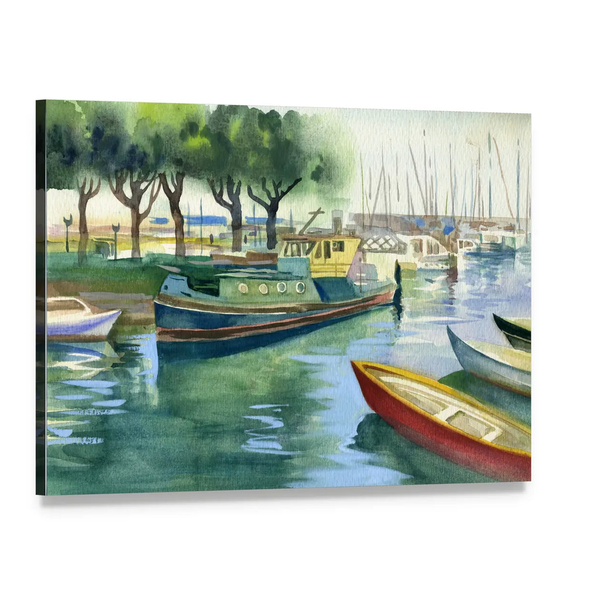 Watercolor Canal Boats Canvas Wall Art, single panel gallery wrapped canvas, angled product view