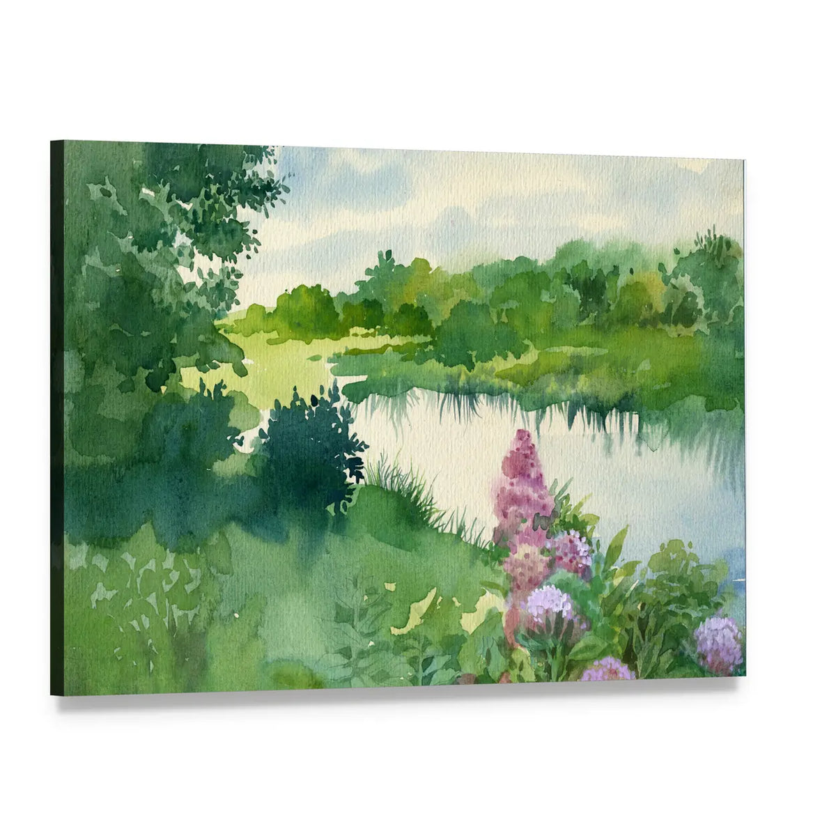 Watercolor River Landscape with Wildflowers Canvas Wall Art, single panel gallery wrapped canvas, angled product view