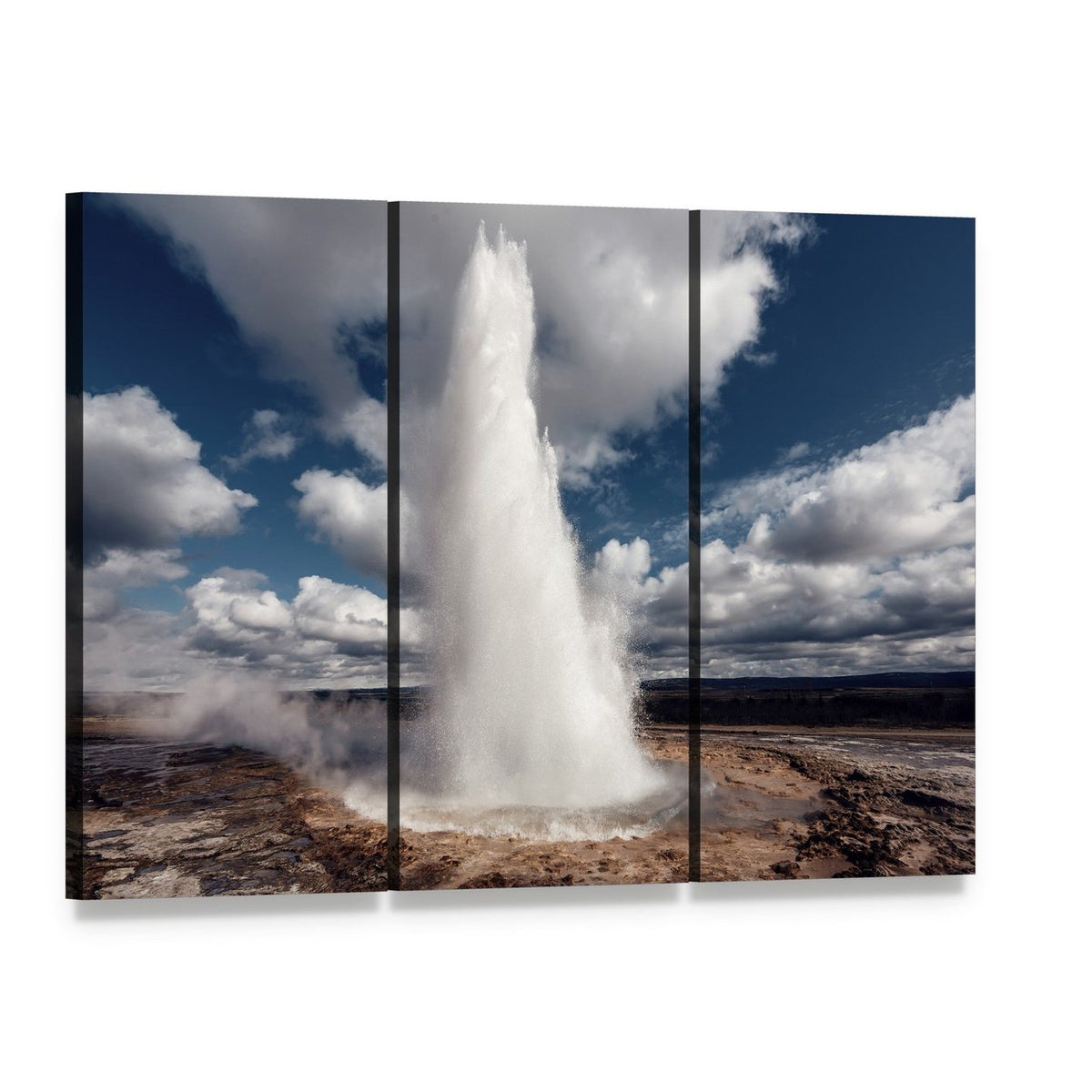 Eruption of Strokkur Geyser Canvas Wall Art, 3 panel 3 Horizontal layout gallery wrapped canvas set, angled product view
