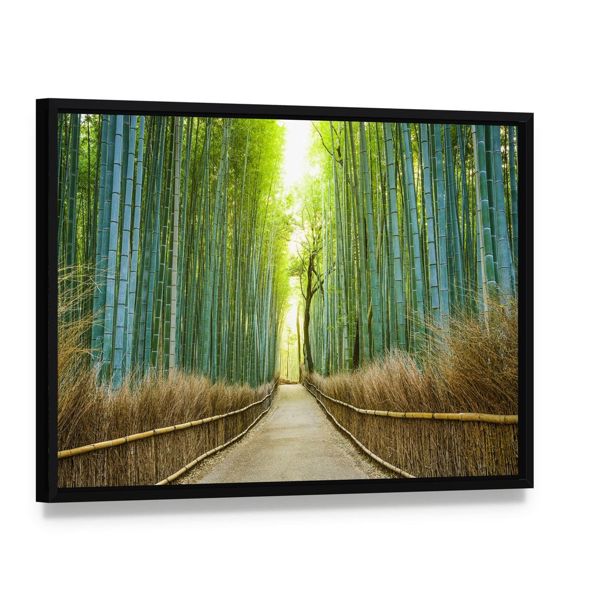Tranquil Bamboo Forest Path Canvas Wall Art, framed canvas in a black floater frame, angled product view