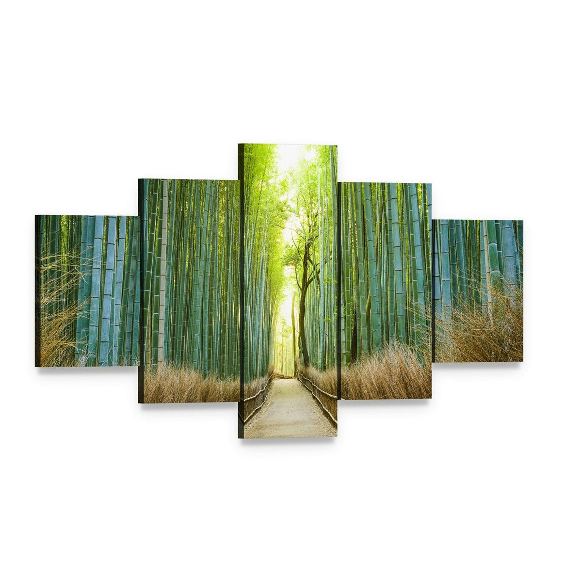 Tranquil Bamboo Forest Path Canvas Wall Art, 5 panel 5 Star layout gallery wrapped canvas set, angled product view