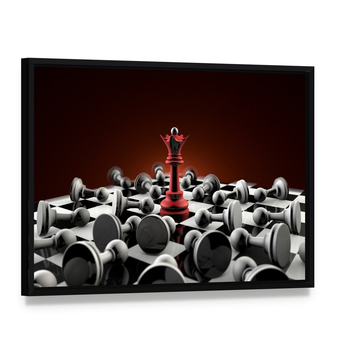 Red Queen and Gray Pawn Chess Canvas Wall Art, framed canvas in a black floater frame, angled product view