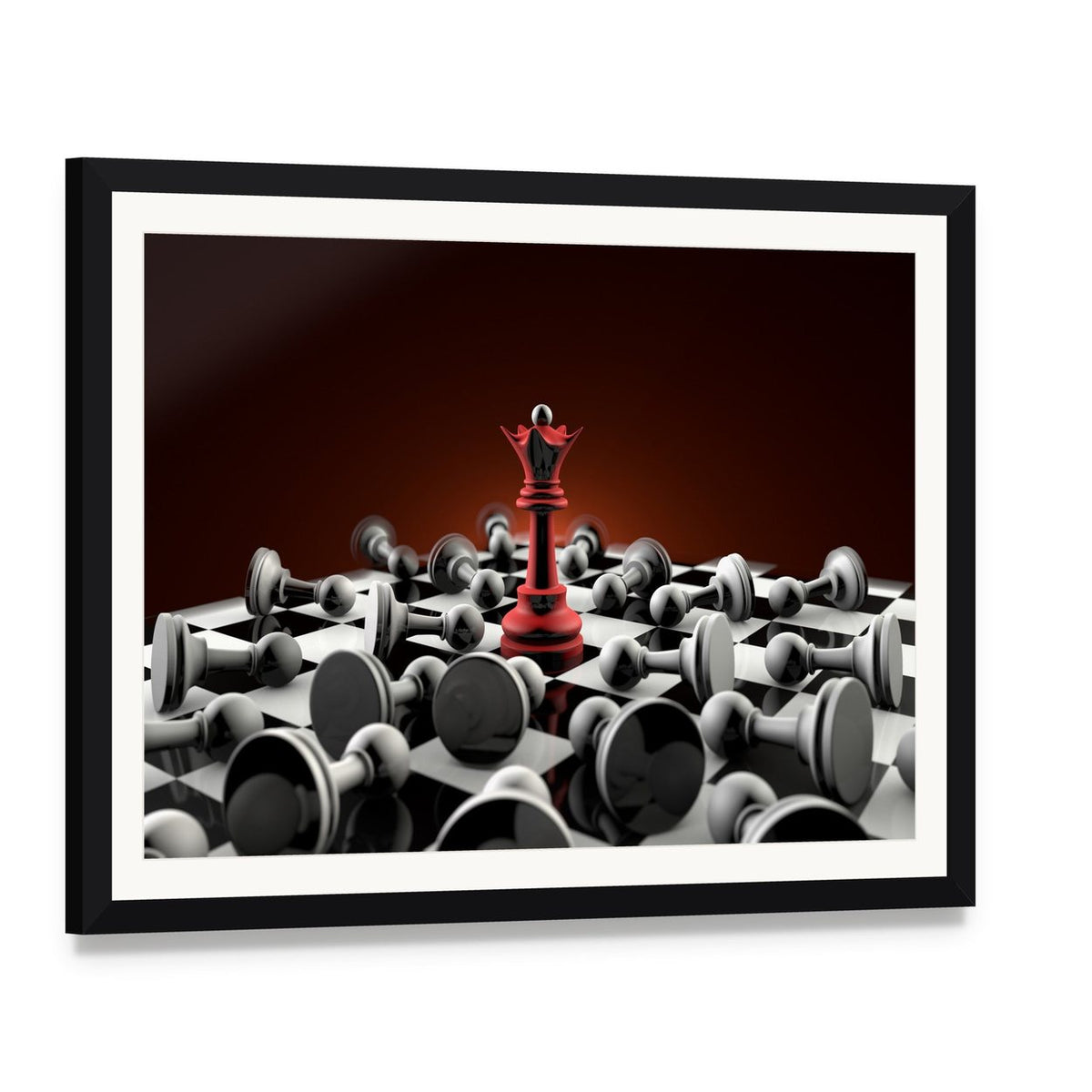Red Queen and Gray Pawn Chess Canvas Wall Art, framed print with white mat and black frame, angled product view