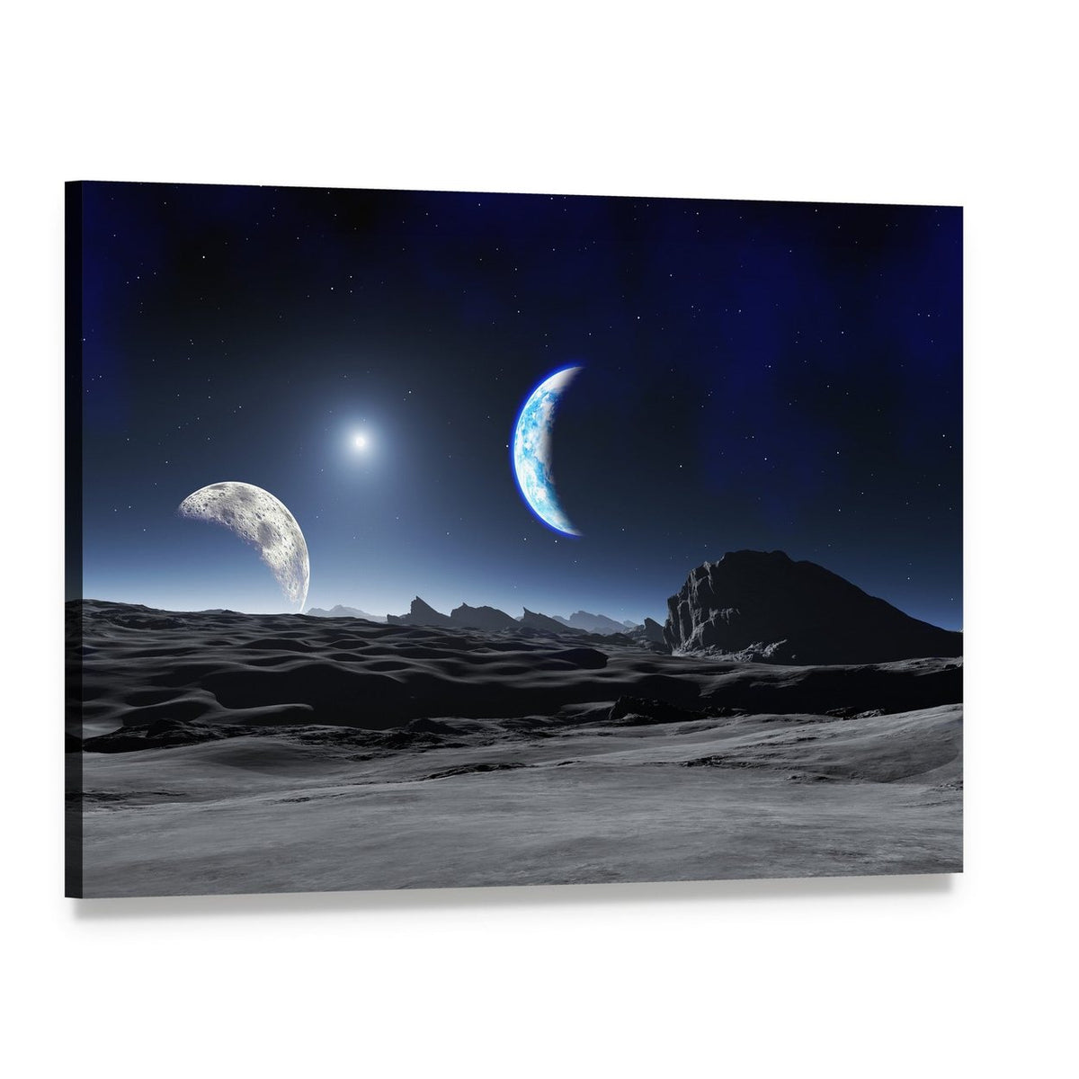 Planet with Two Moons Canvas Wall Art, single panel gallery wrapped canvas, angled product view