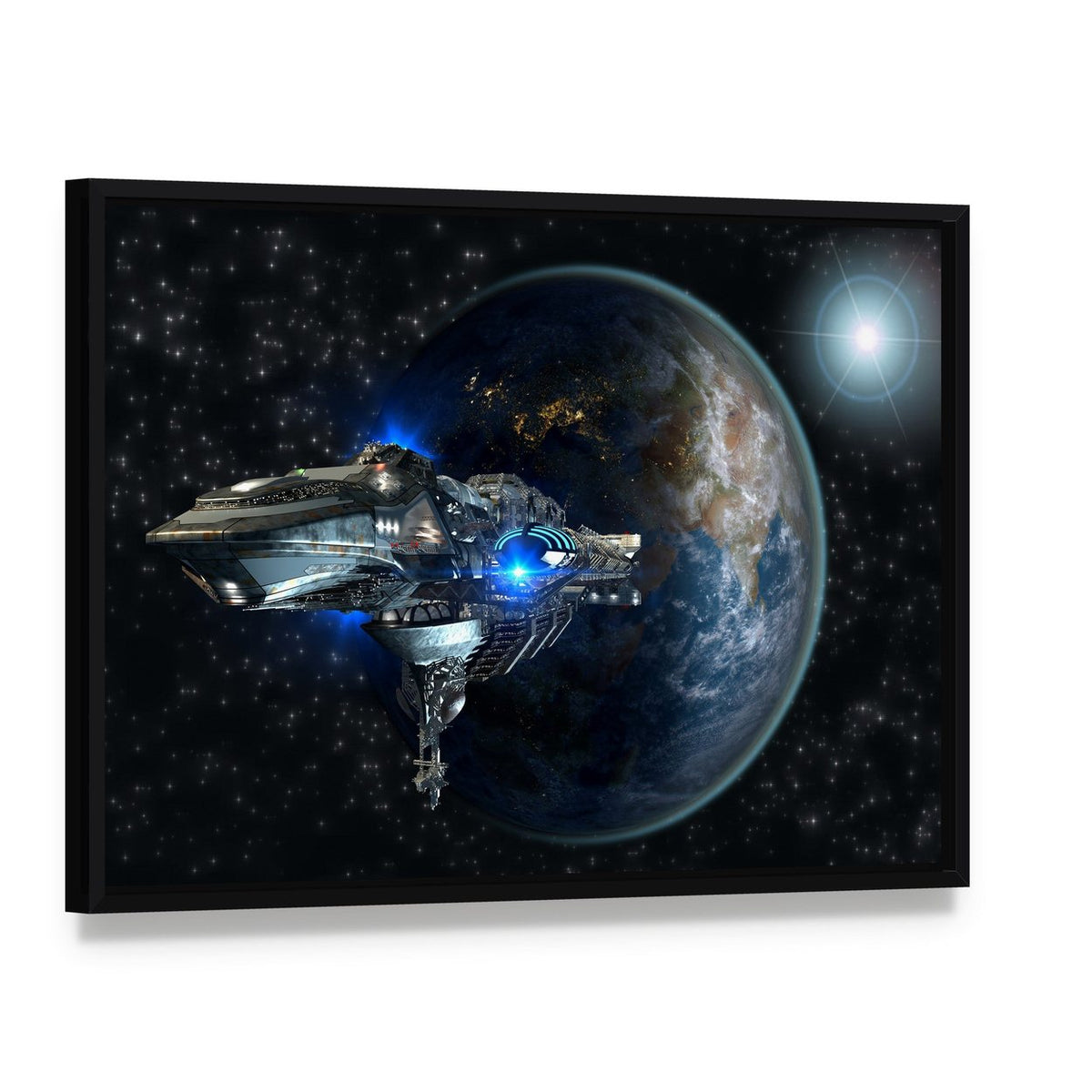 Interstellar Spaceship Leaving Earth Canvas Wall Art, framed canvas in a black floater frame, angled product view