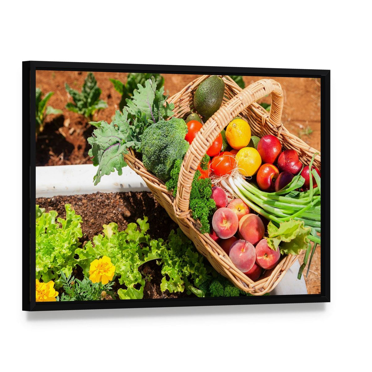 Fruits and Vegetables in Basket Canvas Wall Art, framed canvas in a black floater frame, angled product view