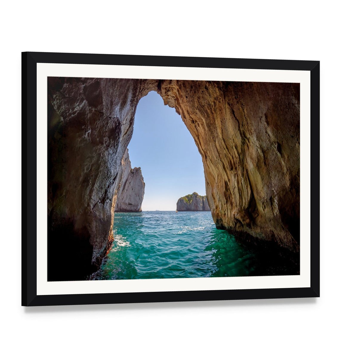 Blue Grotto Sea Cave, Italy Canvas Wall Art, framed print with white mat and black frame, angled product view