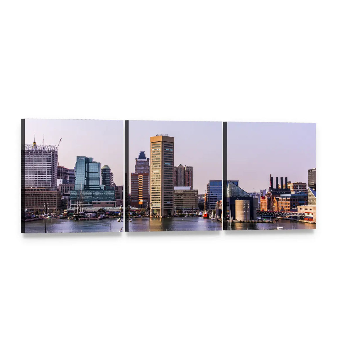 Baltimore Waterfront Skyline Panoramic Canvas Wall Art, 3 panel 3 Piece layout gallery wrapped canvas set, angled product view