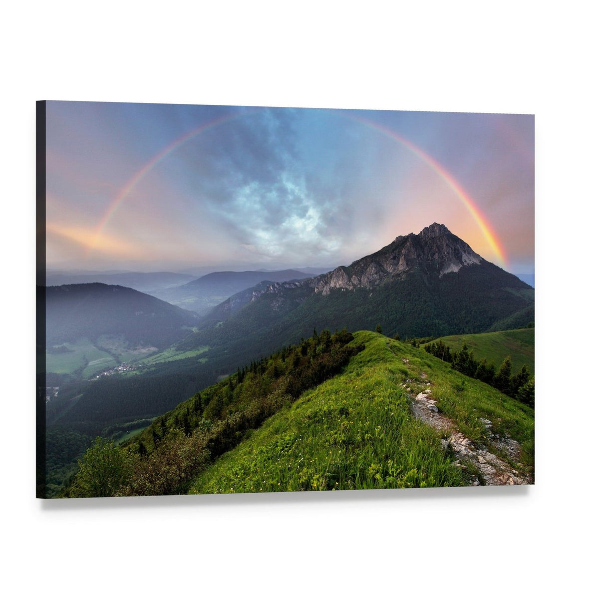 Rainbow Over Mountain Peak Canvas Wall Art, single panel gallery wrapped canvas, angled product view