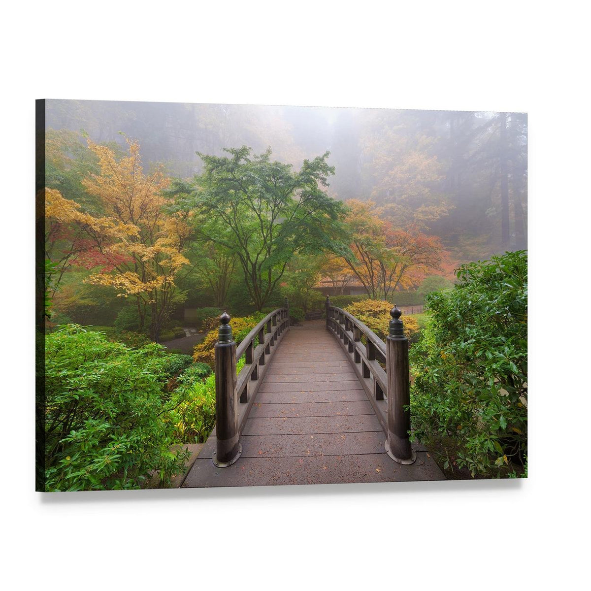 Autumn Moon Over Wooden Bridge Canvas Wall Art, single panel gallery wrapped canvas, angled product view