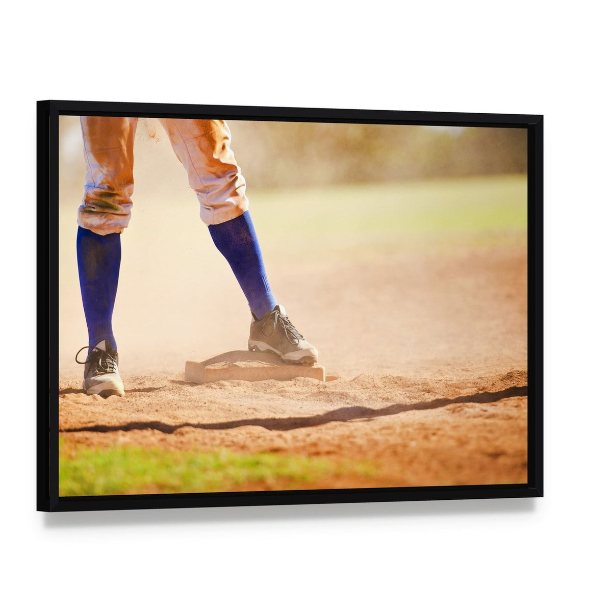 Baseball Player on Base Canvas Wall Art, framed canvas in a black floater frame, angled product view