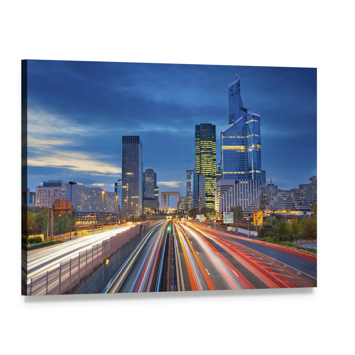 La Defense at Twilight Canvas Wall Art, single panel gallery wrapped canvas, angled product view