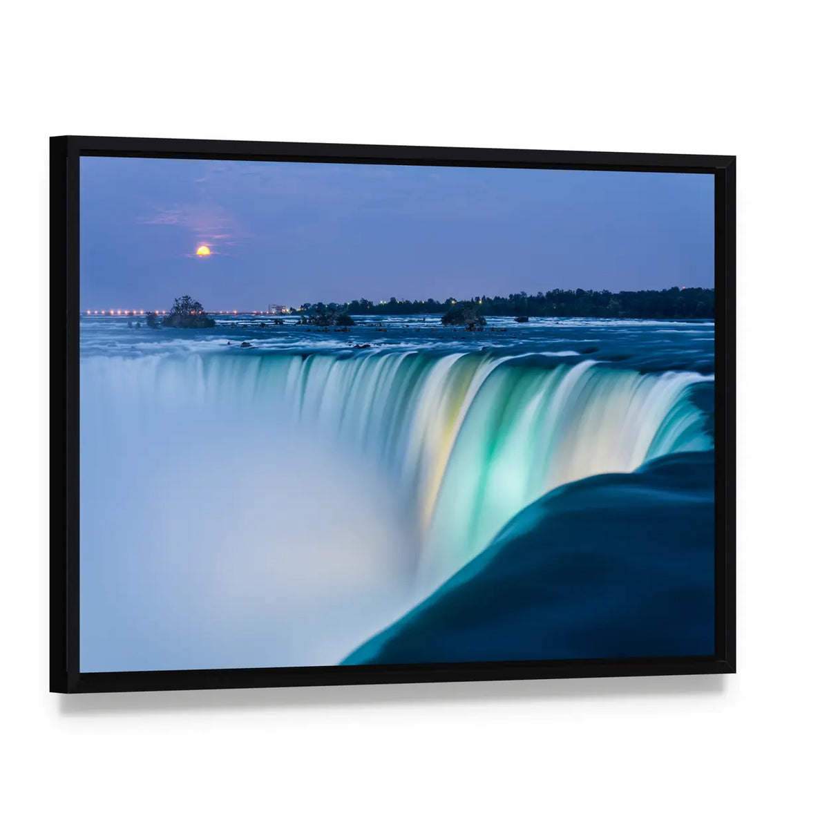 Dusk At Niagara Falls Canvas Wall Art, framed canvas in a black floater frame, angled product view