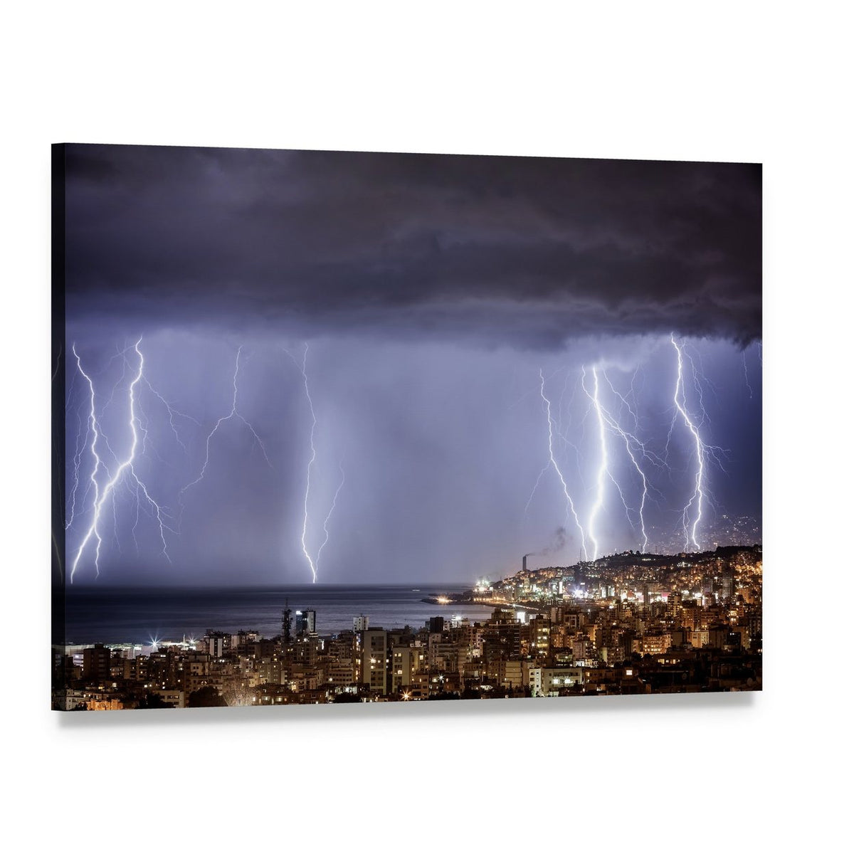 Lightning Storm Over Coastal City Canvas Wall Art, single panel gallery wrapped canvas, angled product view