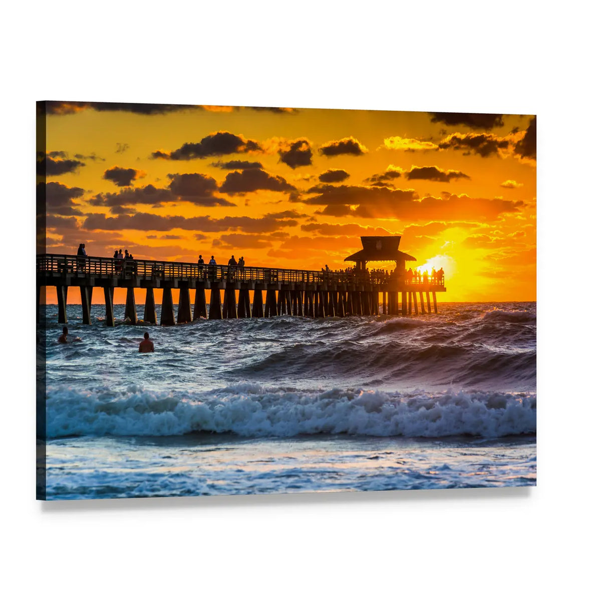 Sunset Over Fishing Pier Canvas Wall Art, single panel gallery wrapped canvas, angled product view