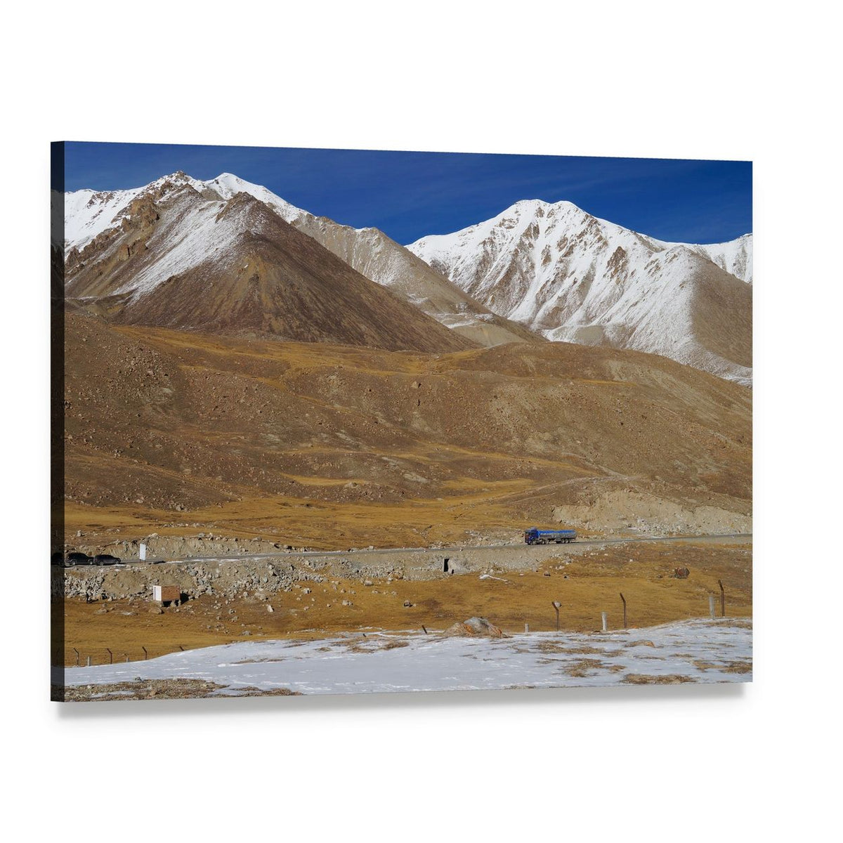 Khunjerab Pass Mountain Road with Blue Truck Canvas Wall Art, single panel gallery wrapped canvas, angled product view