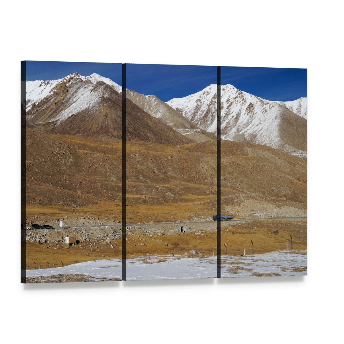 Khunjerab Pass Mountain Road with Blue Truck Canvas Wall Art, 3 panel 3 Horizontal layout gallery wrapped canvas set, angled product view