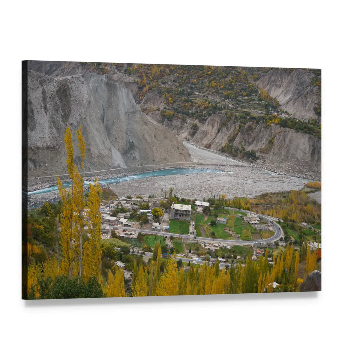 Hunza Valley Autumn River Landscape Canvas Wall Art, single panel gallery wrapped canvas, angled product view