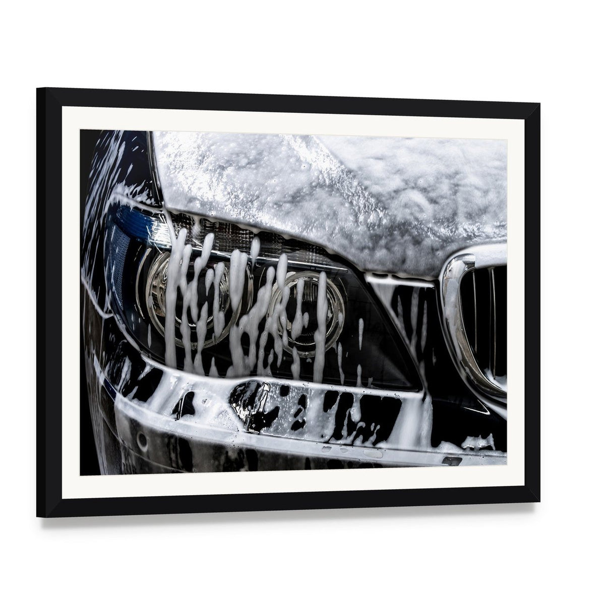 Car Wash with Soap Canvas Wall Art, framed print with white mat and black frame, angled product view