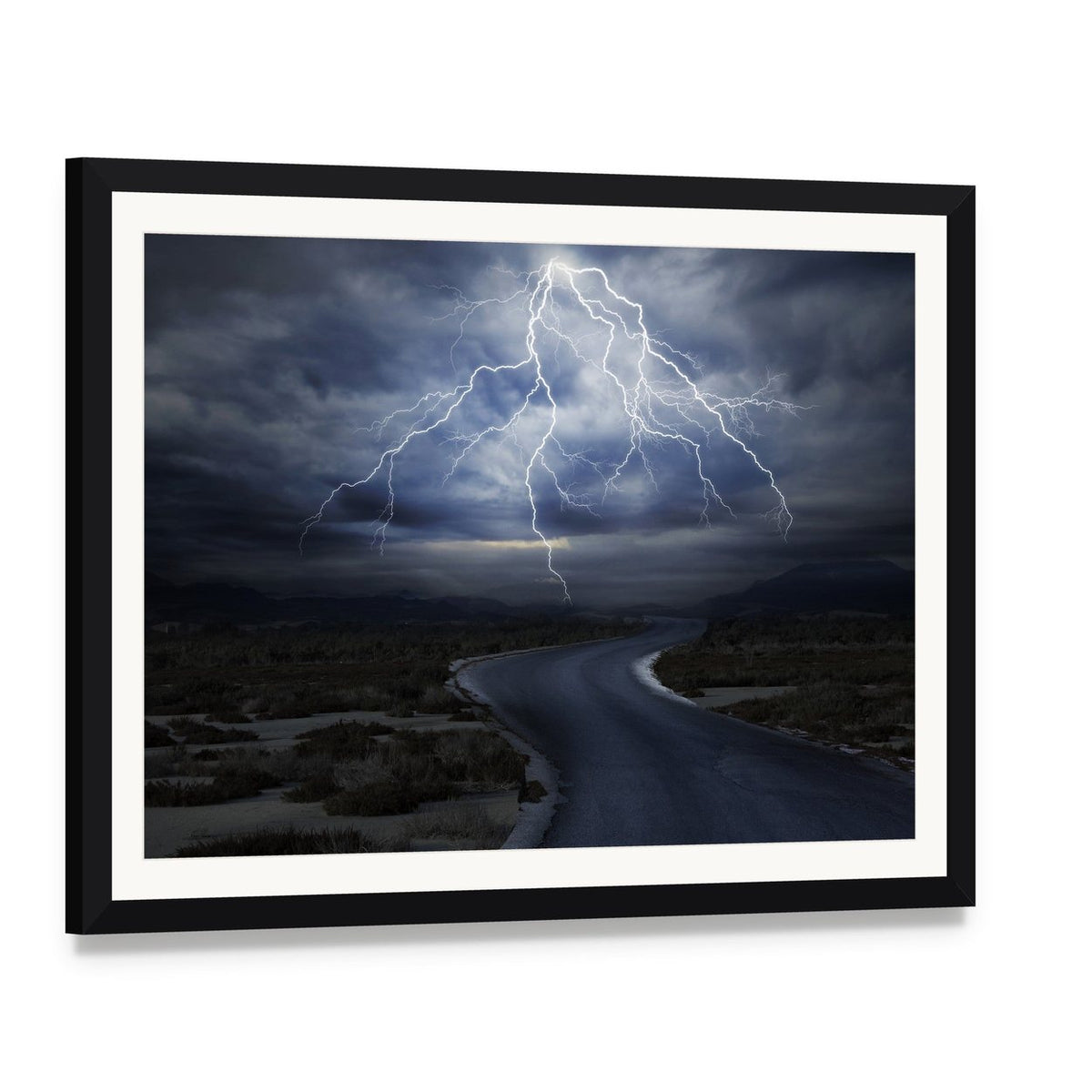 Thunderstorm Over Winding Road Canvas Wall Art, framed print with white mat and black frame, angled product view