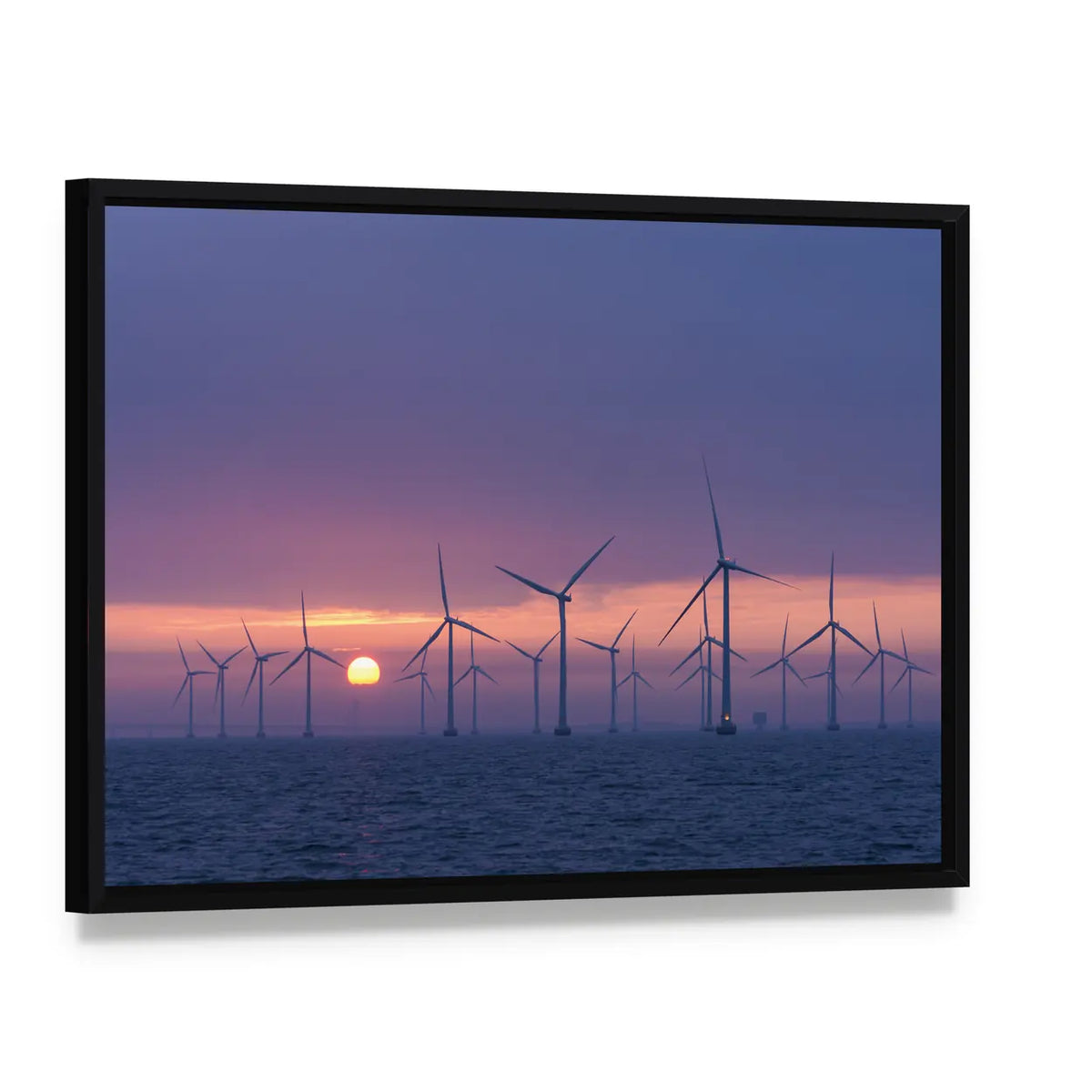 Lillgrund Offshore Wind Farm At Daybrake Canvas Wall Art, framed canvas in a black floater frame, angled product view