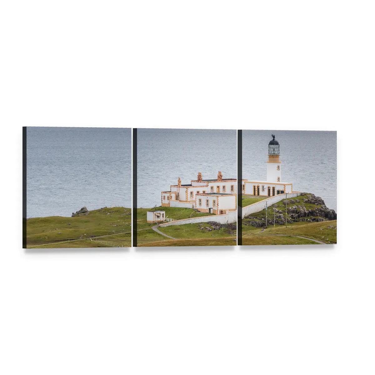 Neist Point Lighthouse, Scotland Panoramic Canvas Wall Art, 3 panel 3 Piece layout gallery wrapped canvas set, angled product view