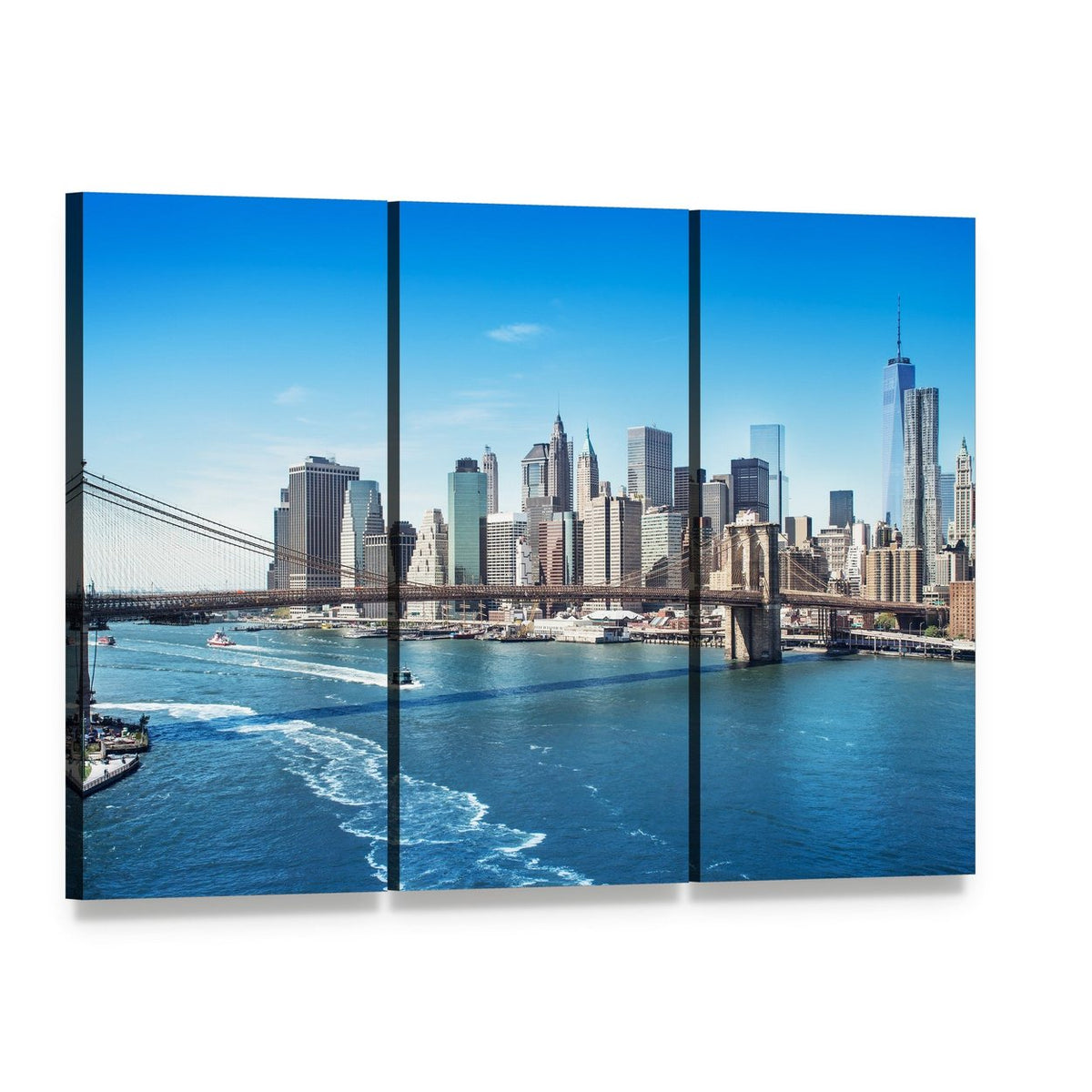 Manhattan Skyline with Brooklyn Bridge Canvas Wall Art, 3 panel 3 Horizontal layout gallery wrapped canvas set, angled product view